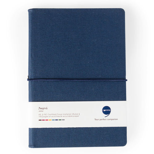 Features Include Horizontal Elastic Band Closure Comma Regina - A5 Size - Hard Bound Notebook (Navy Blue)