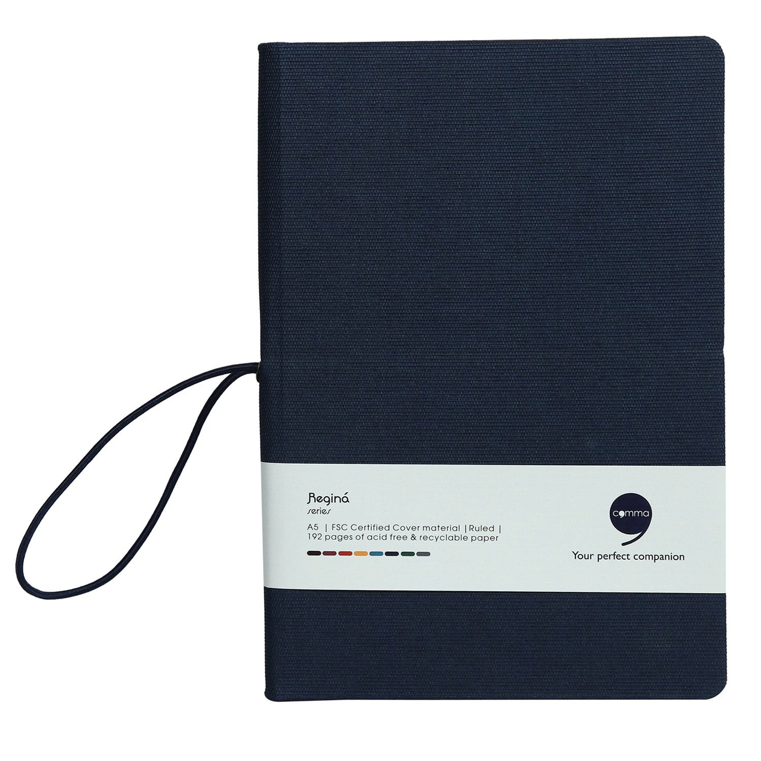 Comma Regina - A5 Hard Bound Notebook | 80gsm Natural Shade Paper, Horizontal Elastic Band Closure, Linen Fabric Cover, Rounded Spine, Satin Ribbon Bookmark, 192 Pages