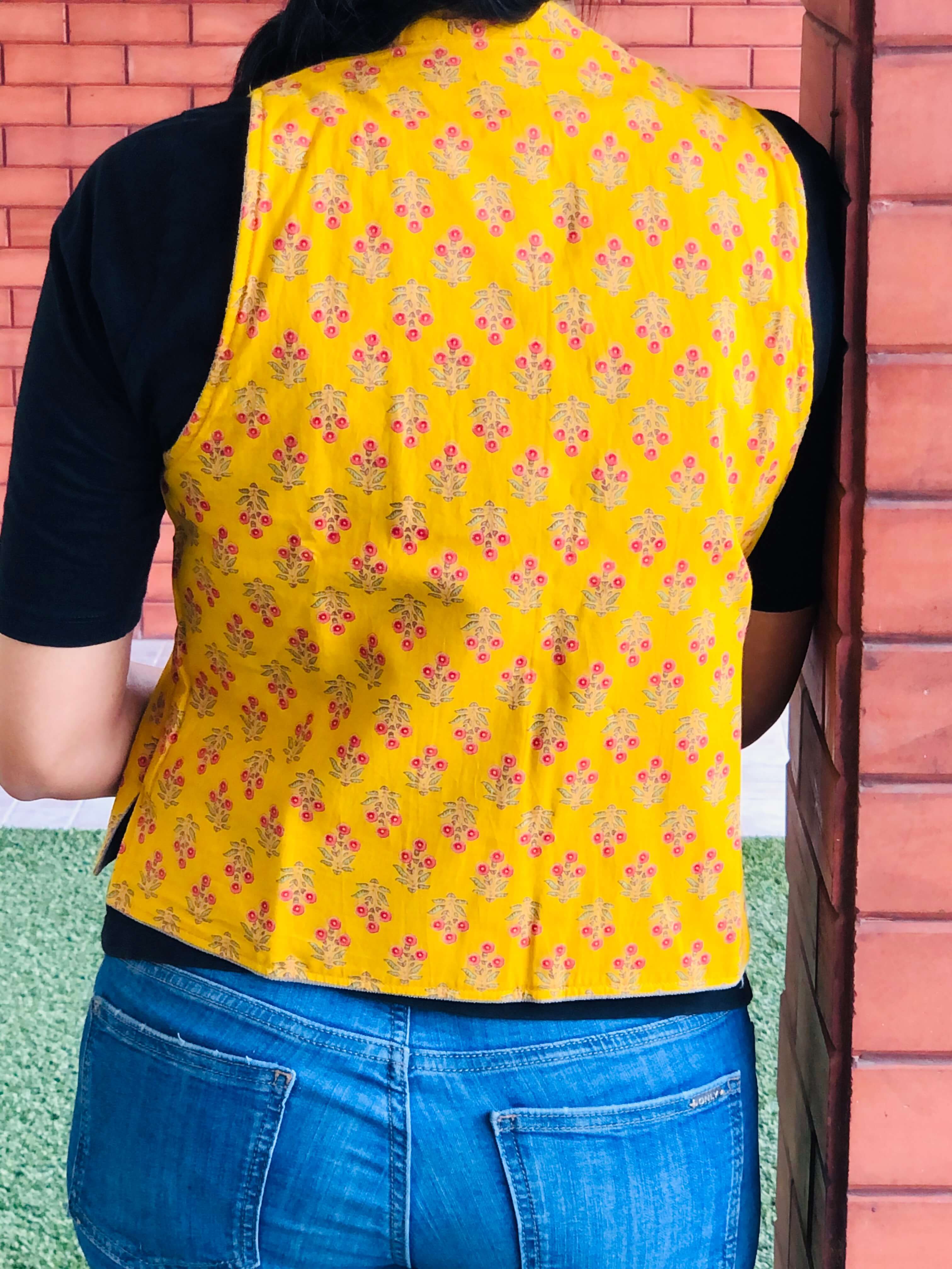 Indian Yellow Printed Reversible Jacket