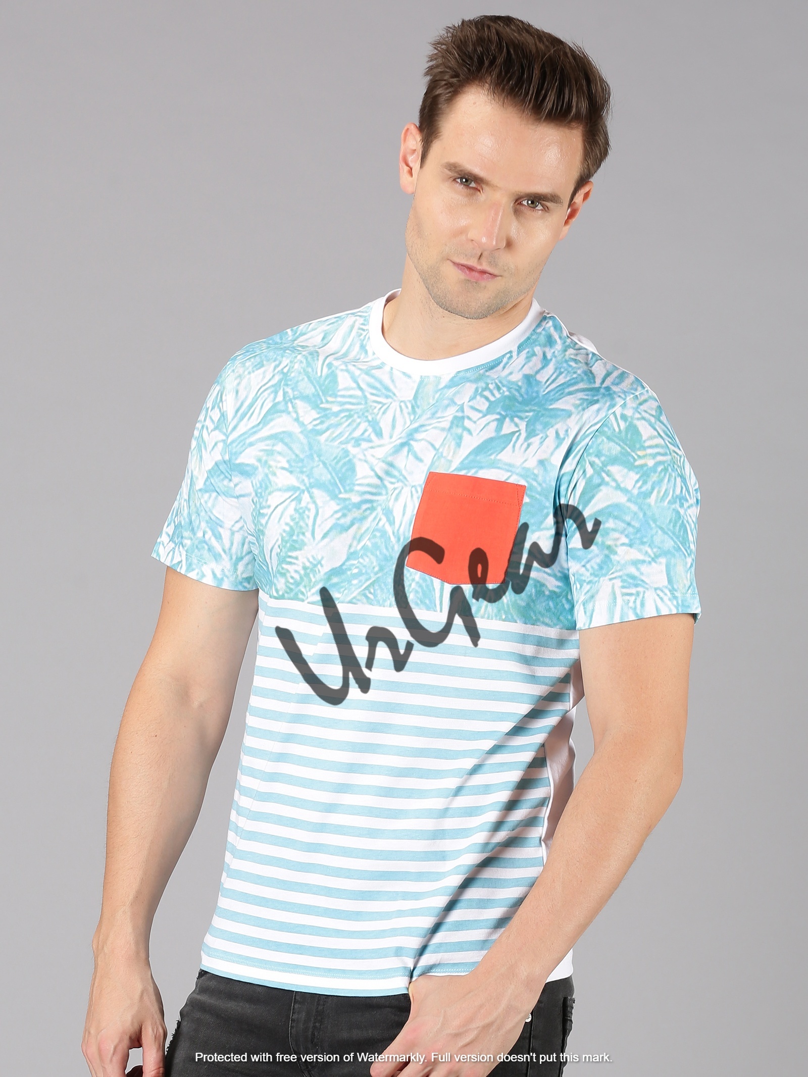 Men Round Neck T-shirt - 100% Combed Cotton, Available Sizes M-xxl, Lite Blue Color, Short Sleeve Style, Printed Pattern, Bio-washed Softness