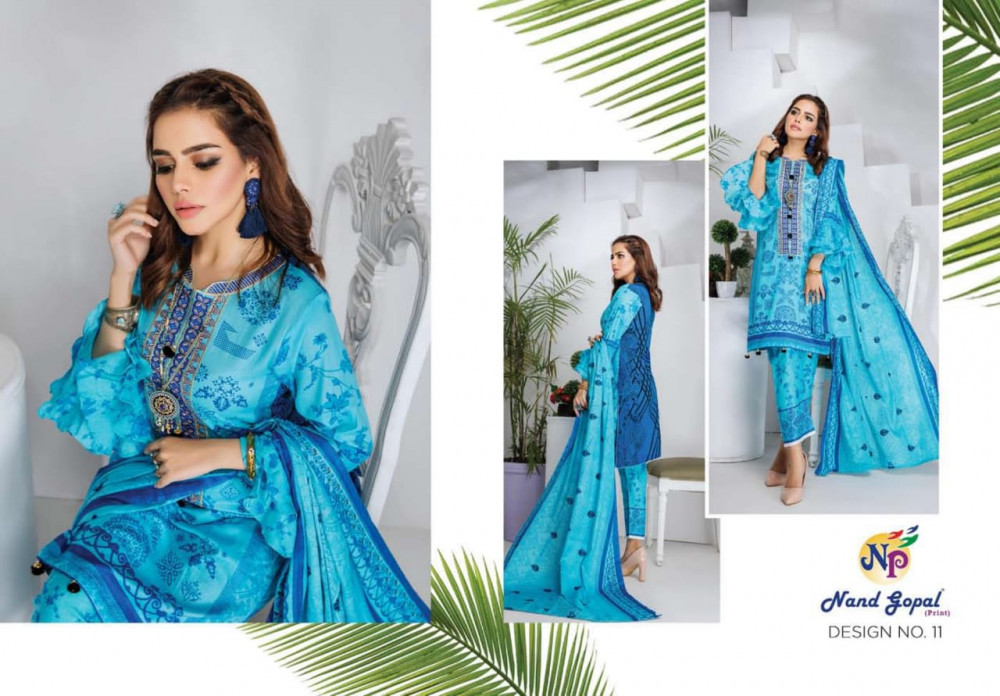 Nand Gopal Print Sofiya Karachi Dress Catalog Collection - Unstitched Cotton Fabric, Cut: 2.35+2.00+2.25, Multi-color, Full Sleeve Casual Dress | Washable, Printed Pattern, All Season Wear