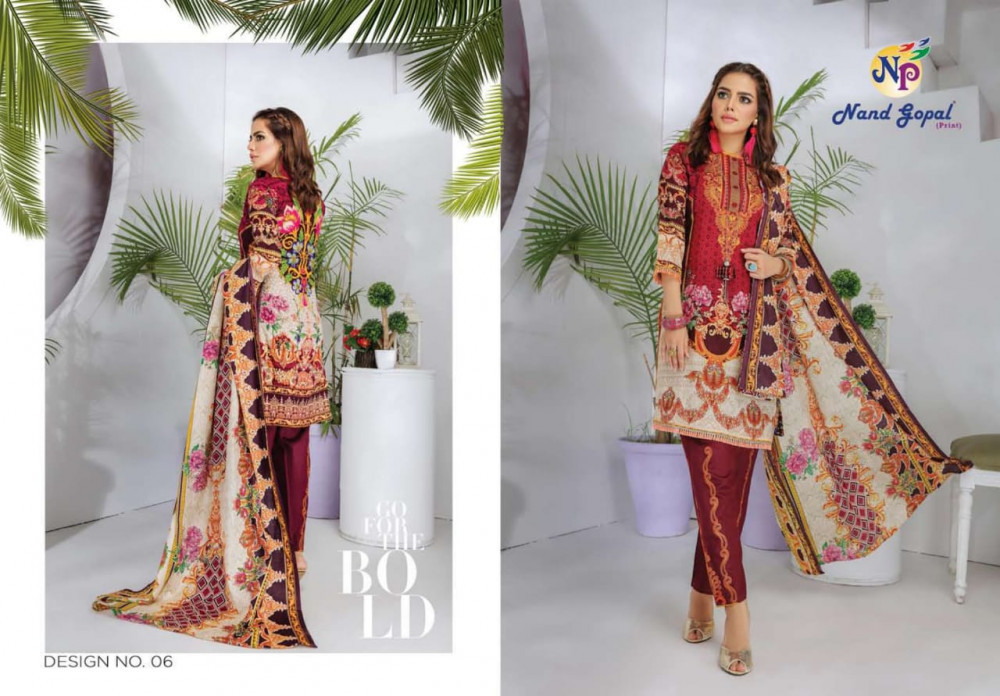 Nand Gopal Print Sofiya Karachi Dress Catalog Collection - Unstitched Cotton Fabric, Cut: 2.35+2.00+2.25, Multi-color, Full Sleeve Casual Dress | Washable, Printed Pattern, All Season Wear