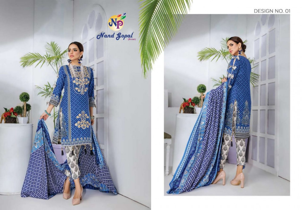 Nand Gopal Print Sofiya Karachi Dress Catalog Collection - Unstitched Cotton Fabric, Cut: 2.35+2.00+2.25, Multi-color, Full Sleeve Casual Dress | Washable, Printed Pattern, All Season Wear