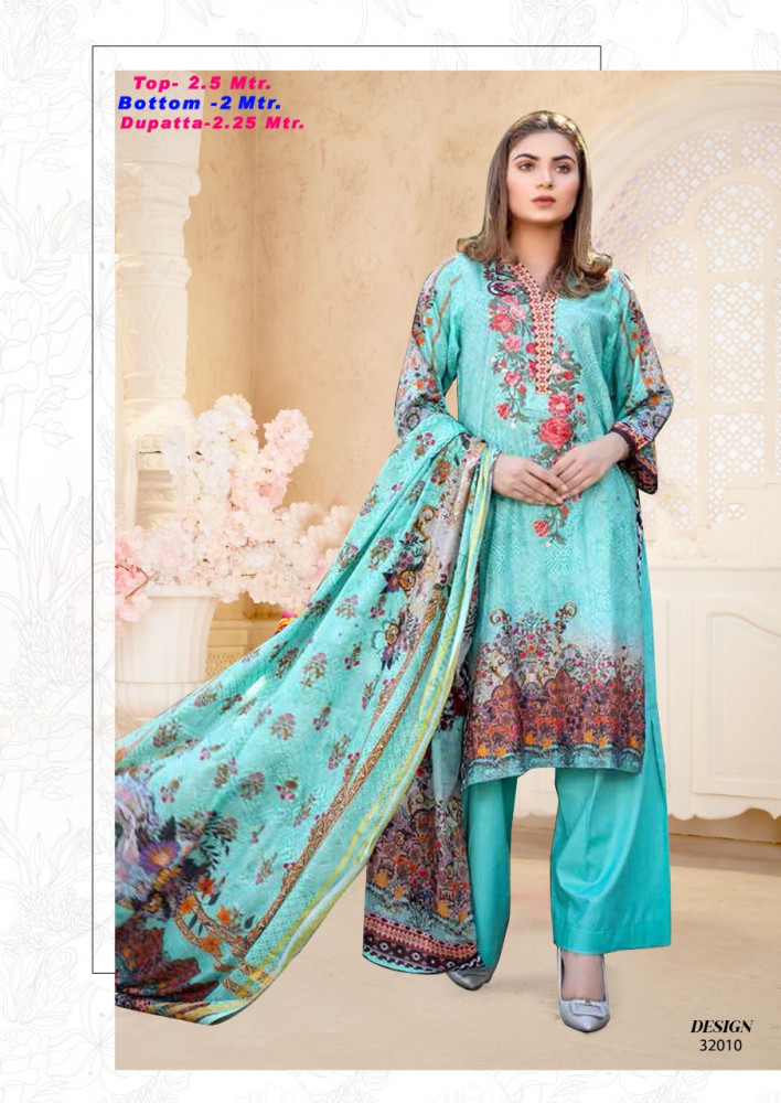 Razia Sultan Vol-32 Karachi Printed Cotton Dress Material Catalog - Cotton Fabric, Unstitched Size, Multi Color, Full Sleeves, Casual Wear | Washable, Dry Cleanable, Ethnic Style