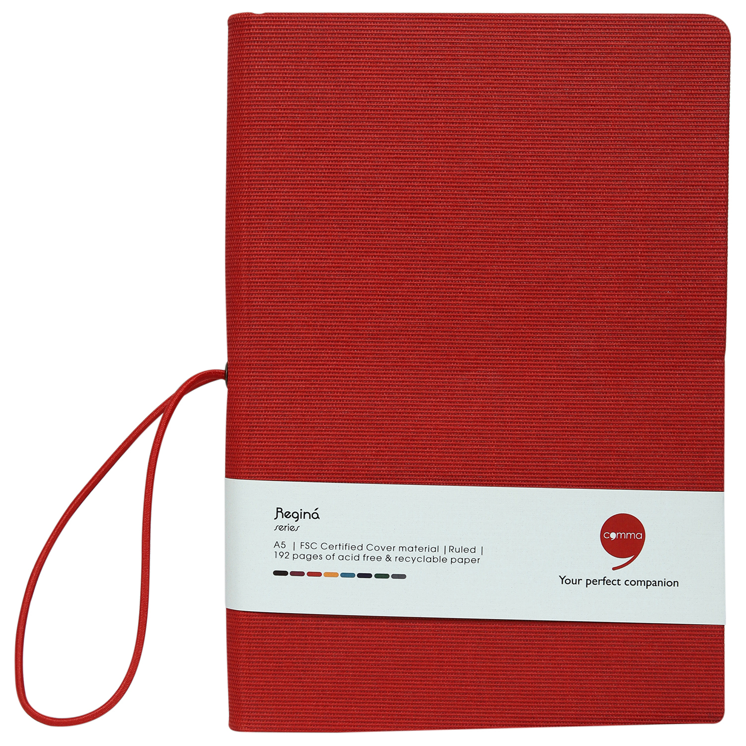 Features Include Horizontal Elastic Band Closure Comma Regina - A5 Size - Hard Bound Notebook (Red)