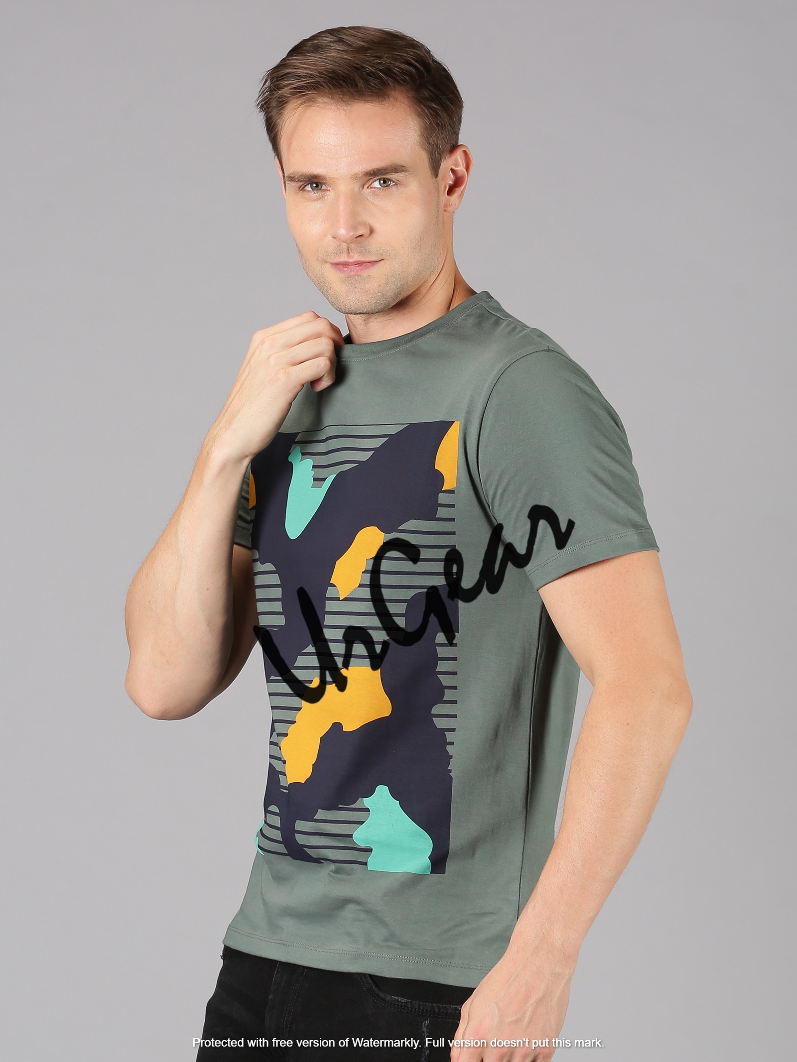 Men Round Neck T-shirt - 100% Combed Cotton, Sizes S-xxl, Green Color, Gsm 190, Bio-washed, Mega Sleeves, O-neck Design, Printed Pattern