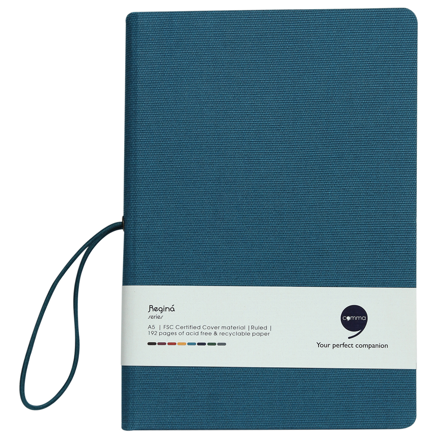Features Include Horizontal Elastic Band Closure Comma Regina - A5 Size - Hard Bound Notebook (Peacock Blue)