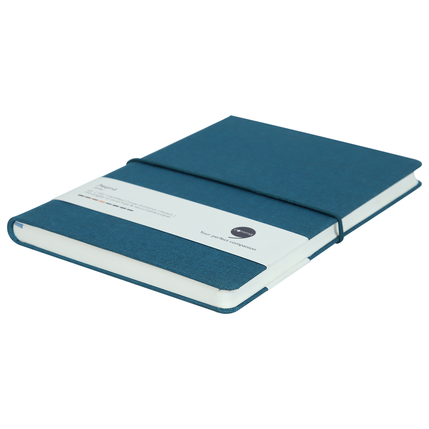 Features Include Horizontal Elastic Band Closure Comma Regina - A5 Size - Hard Bound Notebook (Peacock Blue)