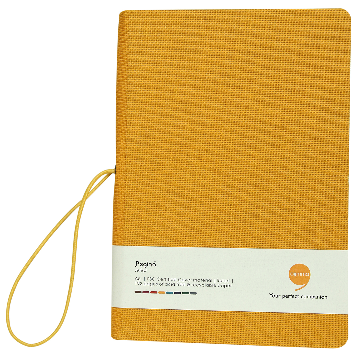 Features Include Horizontal Elastic Band Closure Comma Regina - A5 Size - Hard Bound Notebook (Mustard Yellow)