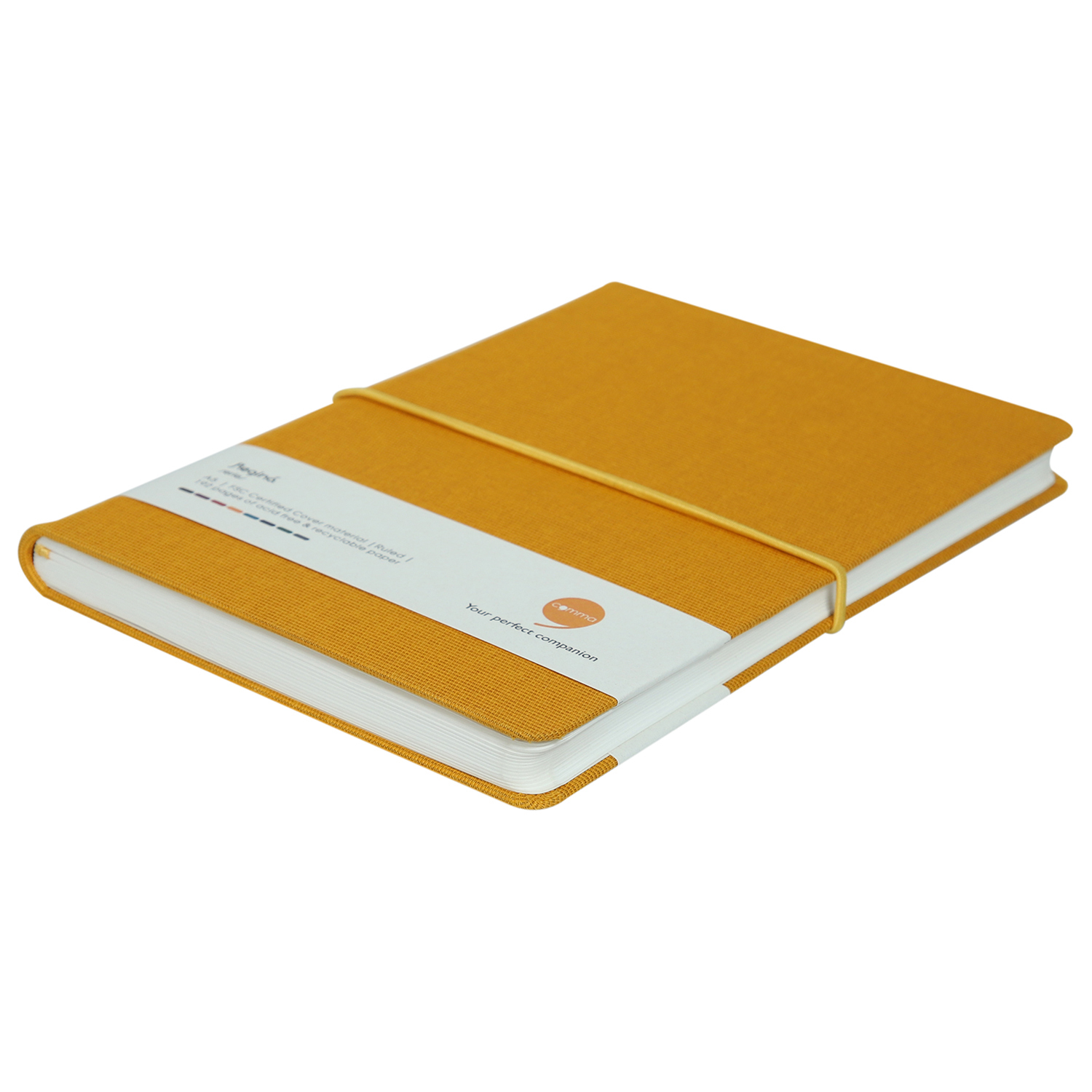 Features Include Horizontal Elastic Band Closure Comma Regina - A5 Size - Hard Bound Notebook (Mustard Yellow)