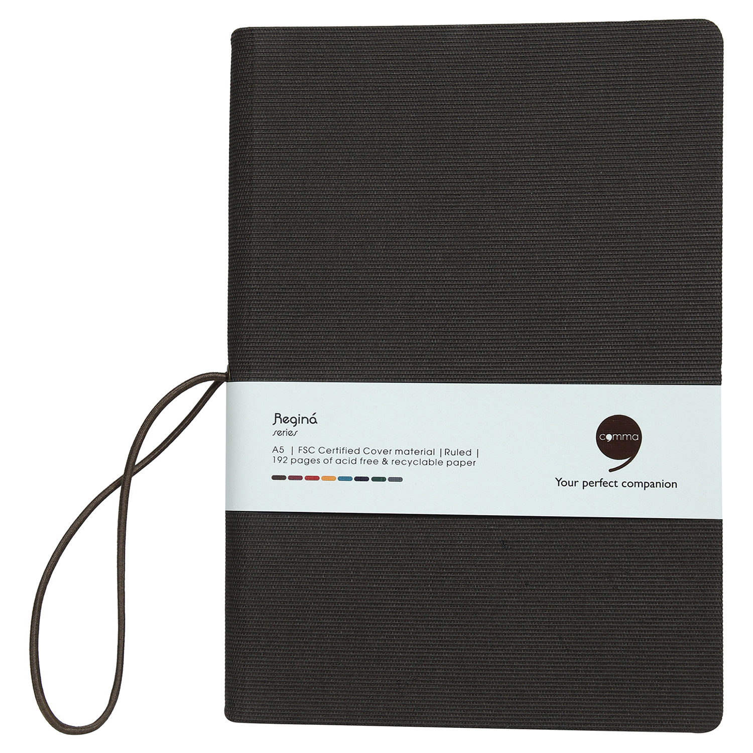 Features Include Horizontal Elastic Band Closure Comma Regina - A5 Size - Hard Bound Notebook (Brown)