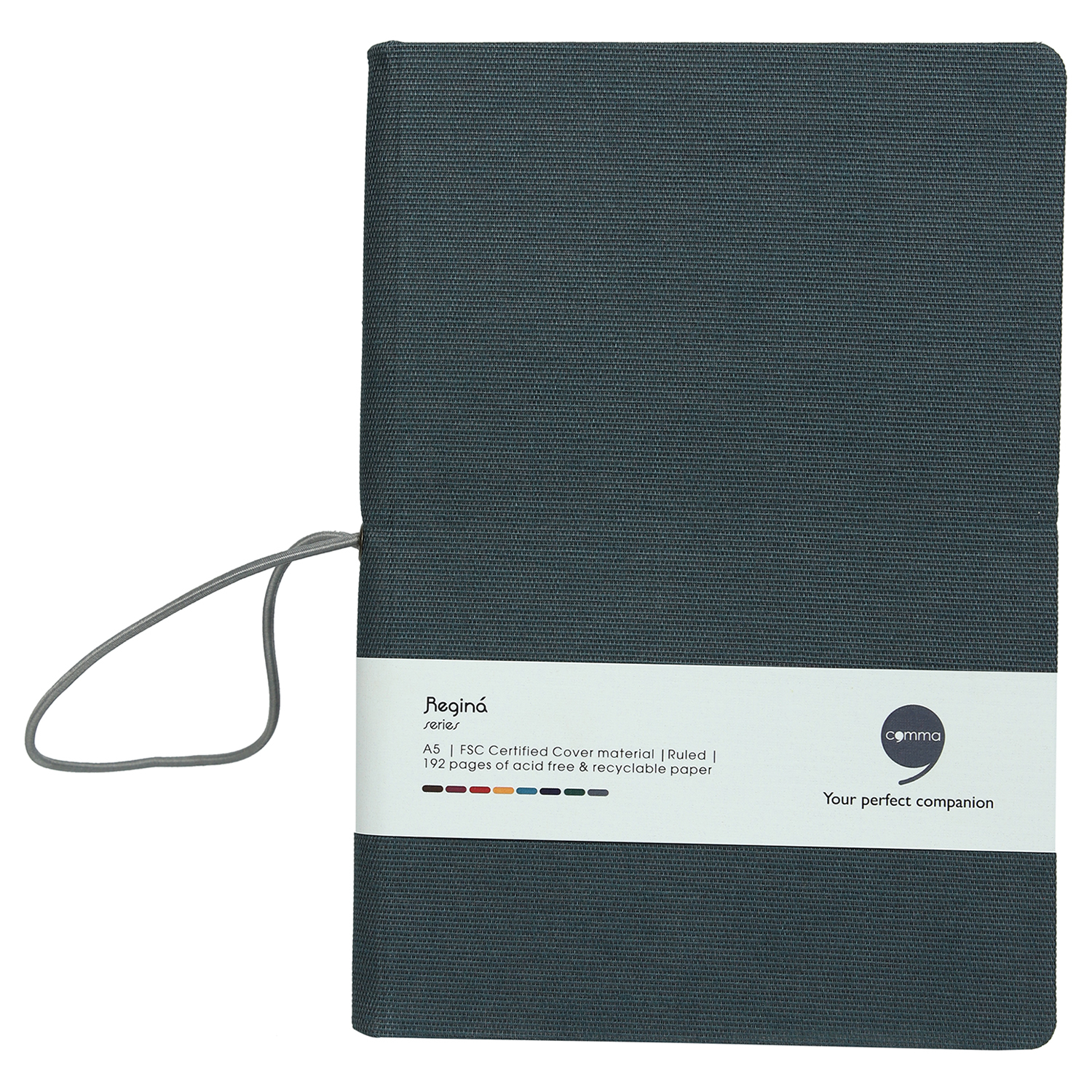Features Include Horizontal Elastic Band Closure Comma Regina - A5 Size - Hard Bound Notebook (Grey)