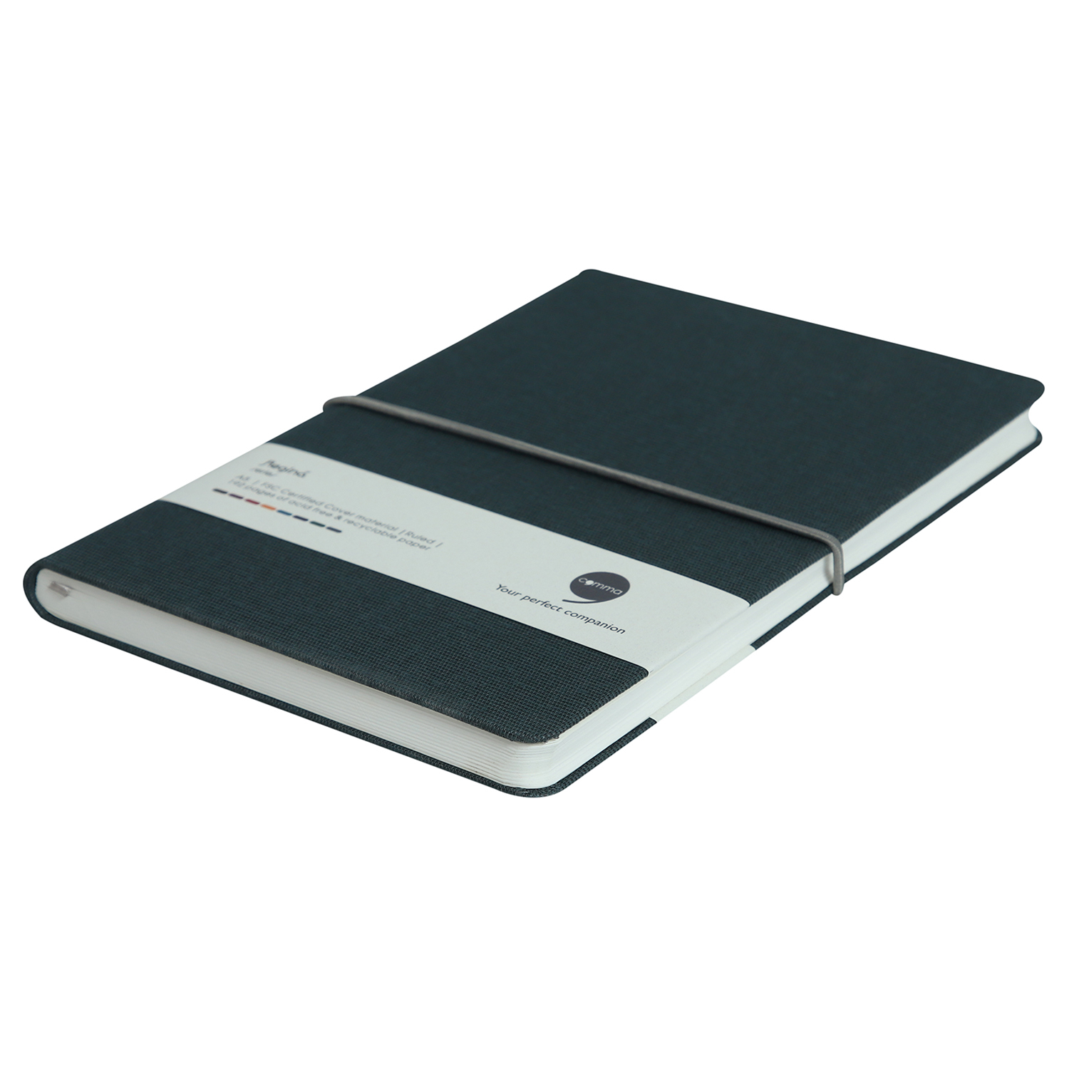 Features Include Horizontal Elastic Band Closure Comma Regina - A5 Size - Hard Bound Notebook (Grey)