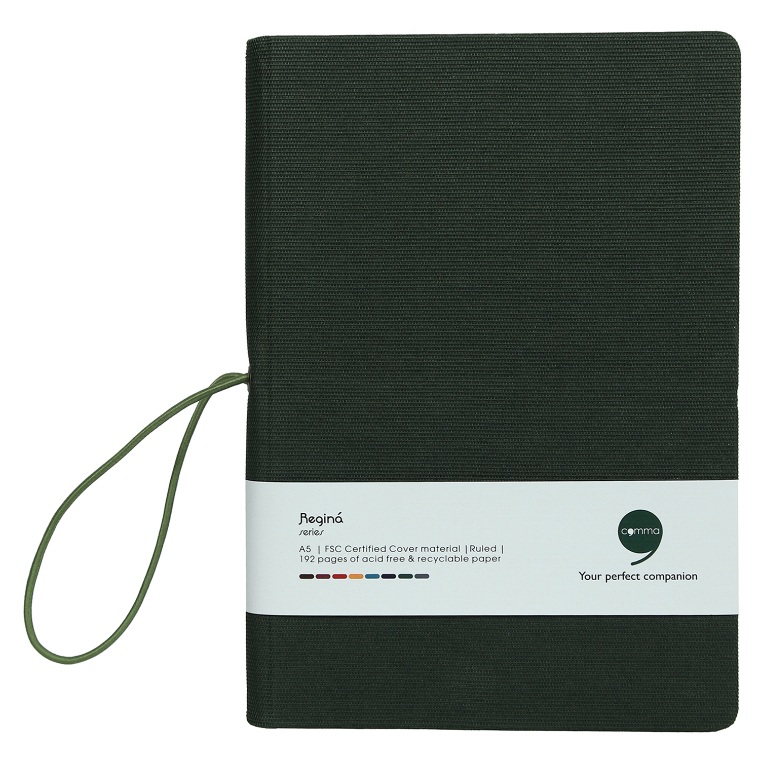 Features Include A Horizontal Elastic Band Closure Comma Regina - A5 Size - Hard Bound Notebook (Dark Green)