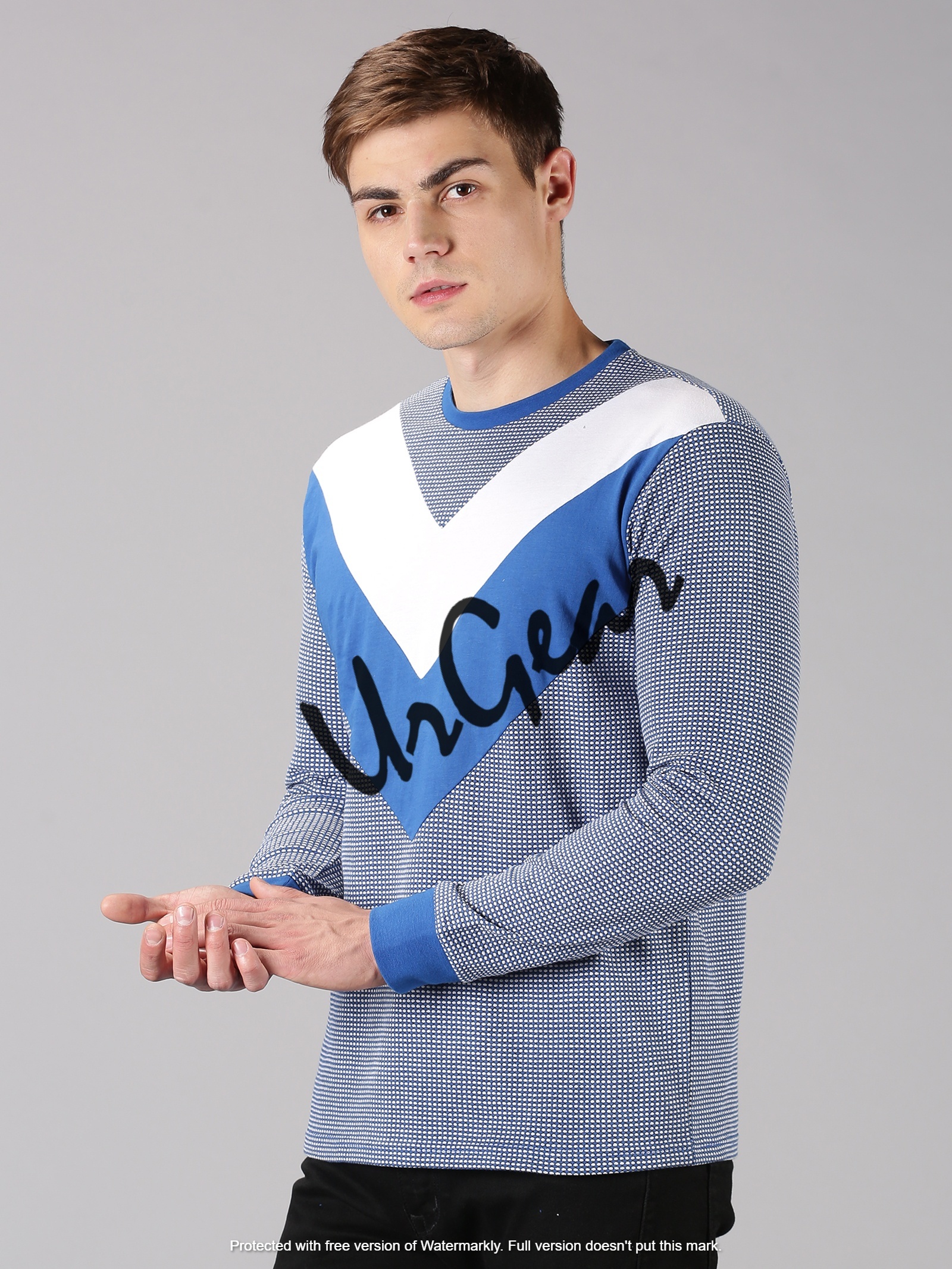 Men Round Neck T-shirt - 100% Combed Cotton, Regular Fit S To Xxl | Soft, Bio-washed, Long Sleeves In Blue