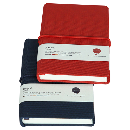 Features Include An Elastic Band Closure Comma Regina - A6 Size - Hard Bound Notebook (Navy Blue And Red)