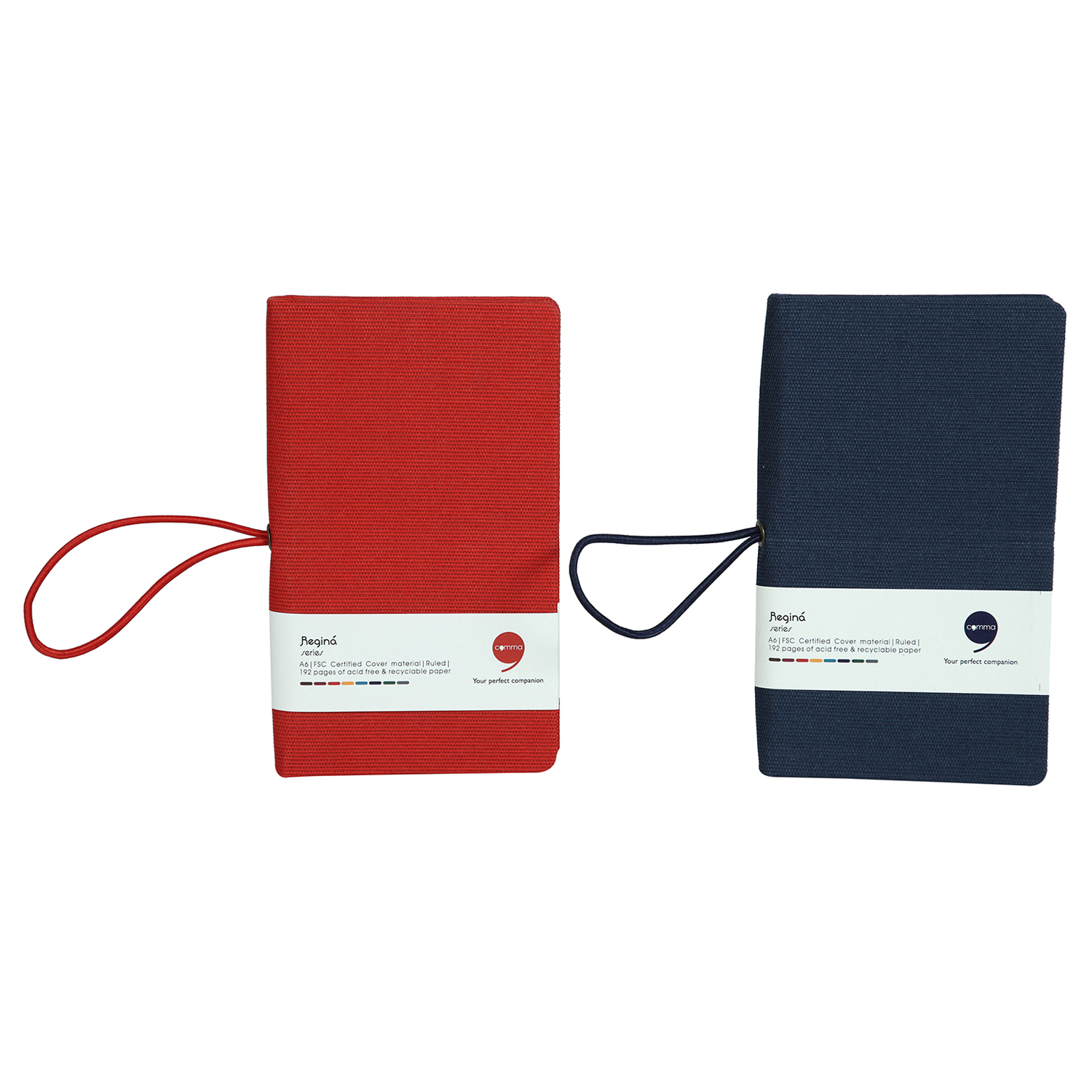 Features Include An Elastic Band Closure Comma Regina - A6 Size - Hard Bound Notebook (Navy Blue And Red)