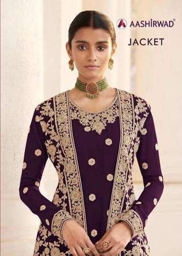 Multi Color Aashirwad Creation Jacket Georgette Embroidered Designer Suit Catalog