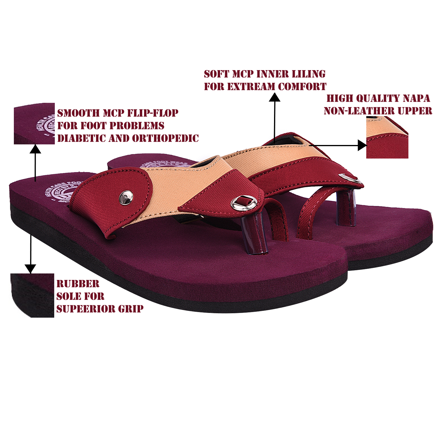 Mcp Slippers - Synthetic Leather Upper, Size 5-11 | Maroon Brown Color, Rubber Outsole, Ideal For Women In All Seasons