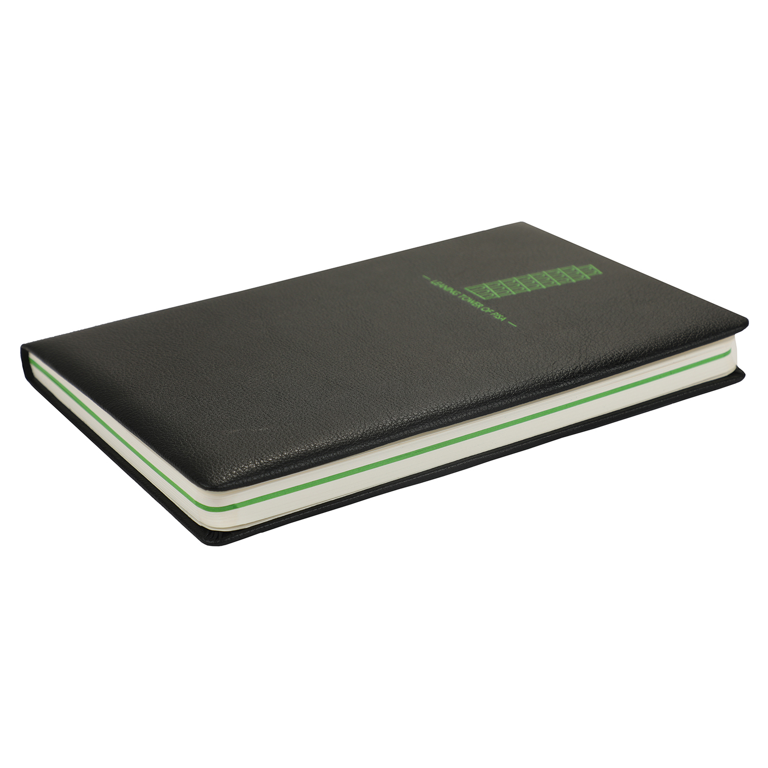 Comma Laser - A5 Hard Bound Notebook | 224 Pages, 80gsm Acid-free Paper, Green Laser Etched Leaning Tower Of Pisa Design, Integrated Satin Ribbon Bookmark, Rounded Spine And Corners, Stylish Un-ruled Green Pages