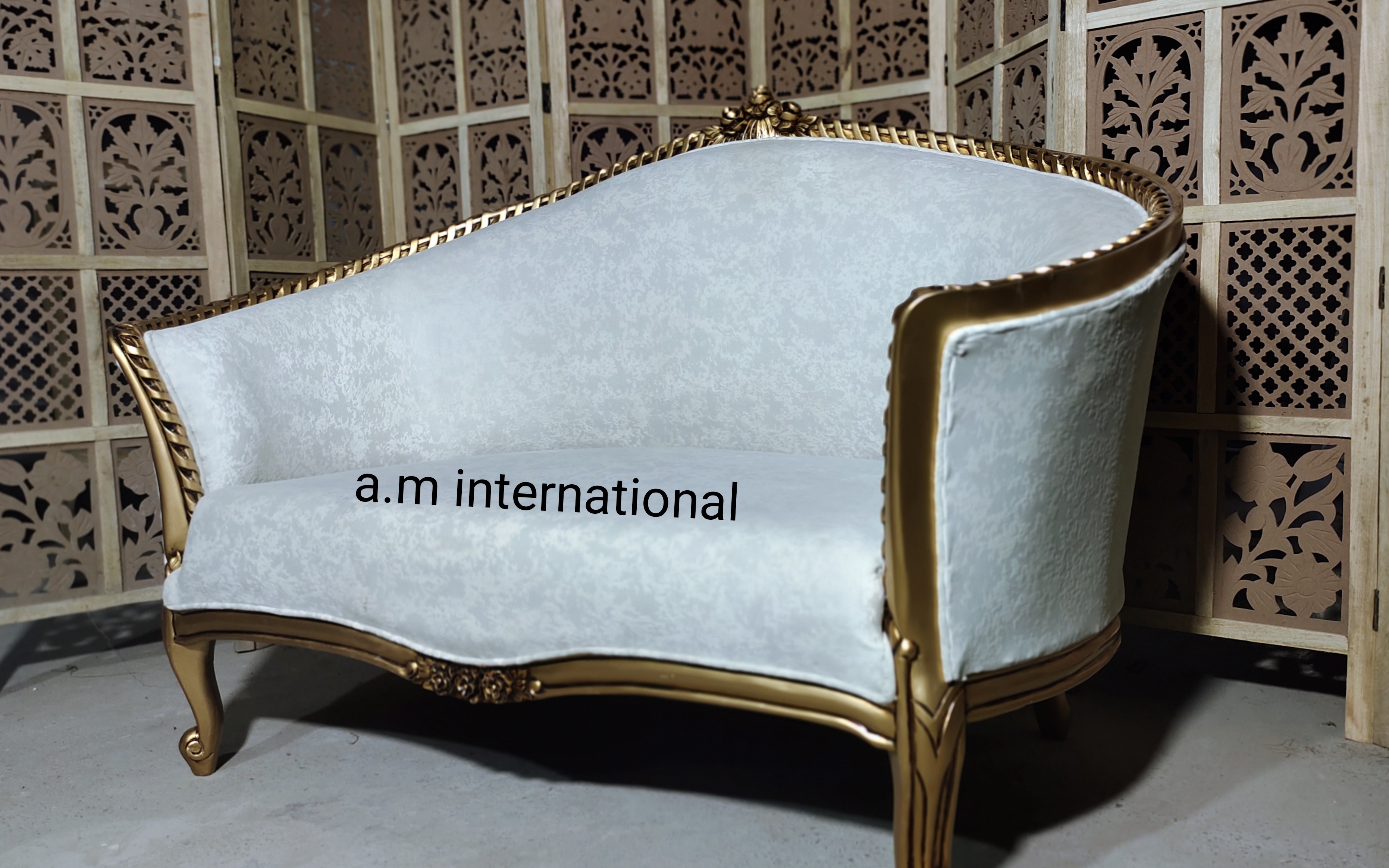 2 Seater Royal Couch - Solid Teak, Antique Gold, Hand Painted Finish | Eco-friendly Jute Fabric, Indian Style Design