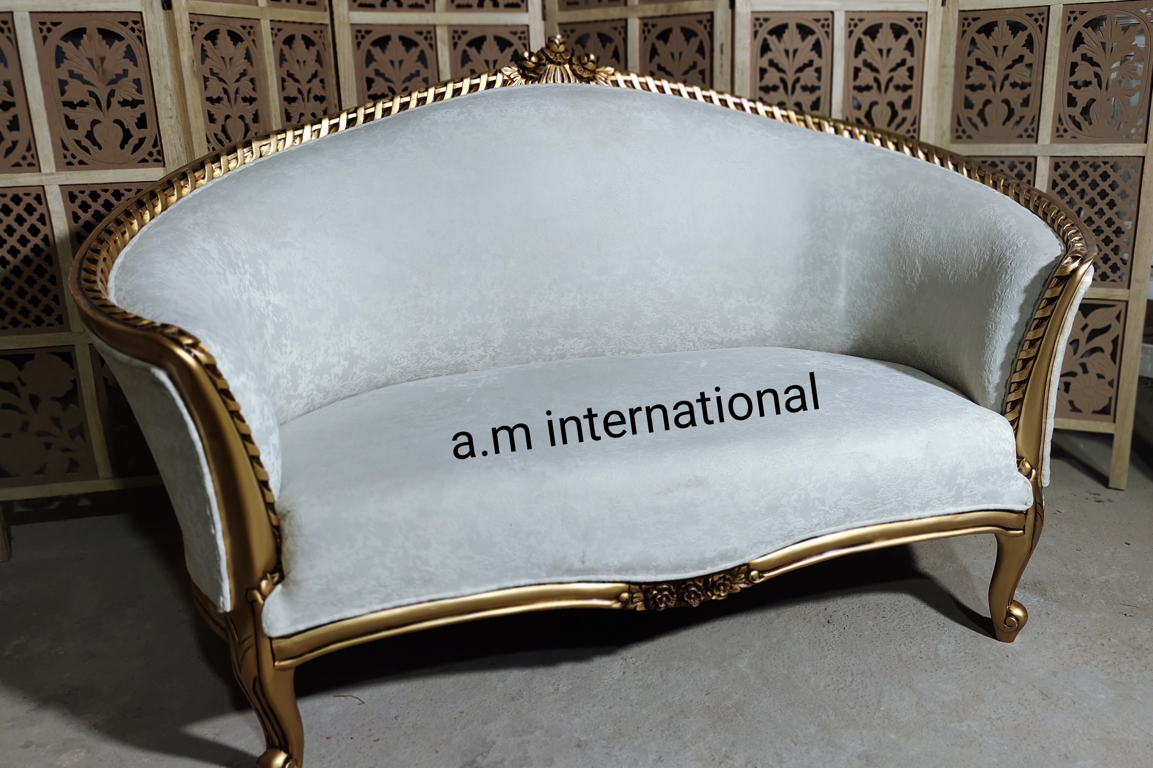 2 Seater Royal Couch - Solid Teak, Antique Gold, Hand Painted Finish | Eco-friendly Jute Fabric, Indian Style Design
