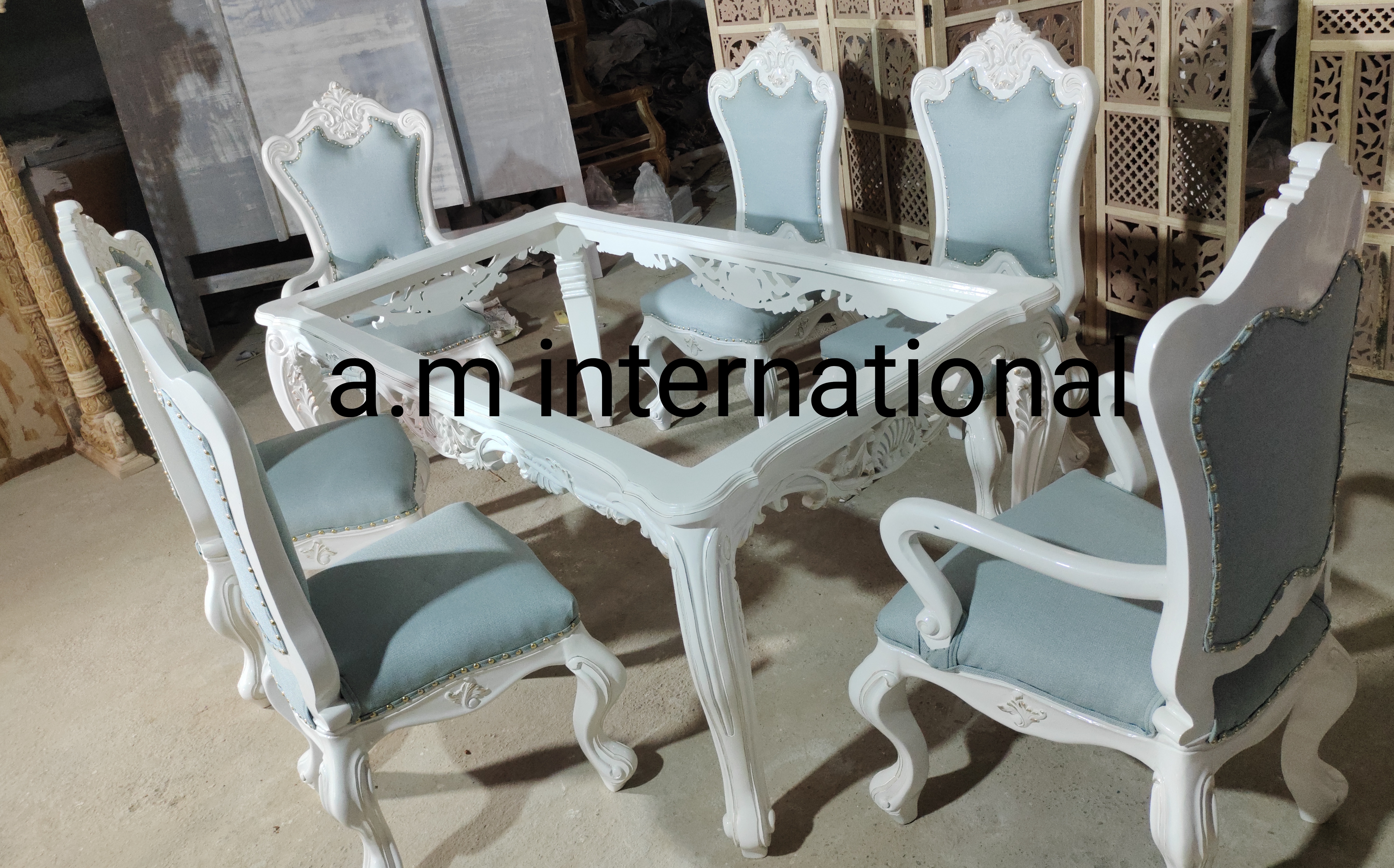 6 Seater Dining Table - Solid Teak, White Deco Finish | Handmade Artwork, No Assembly Required, Jute Fabric, Indian Style