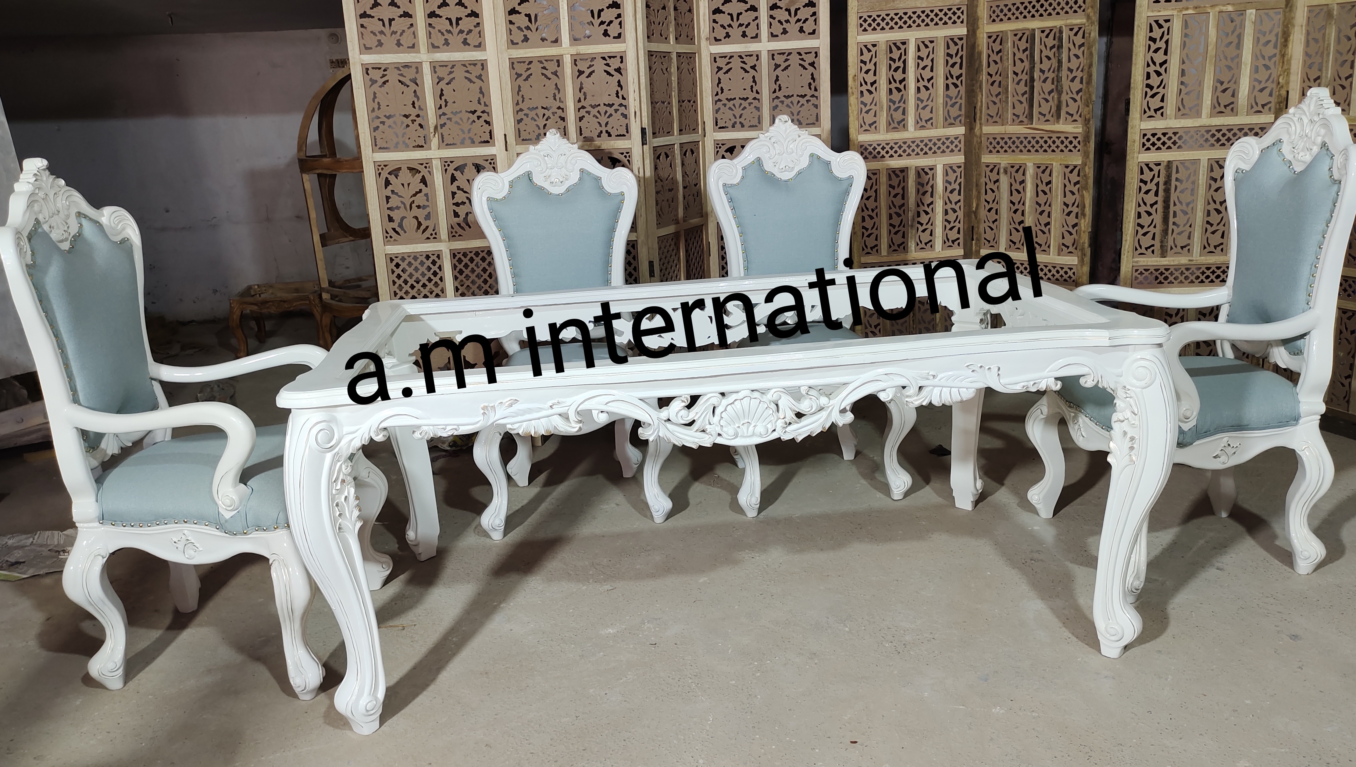 6 Seater Dining Table - Solid Teak, White Deco Finish | Handmade Artwork, No Assembly Required, Jute Fabric, Indian Style