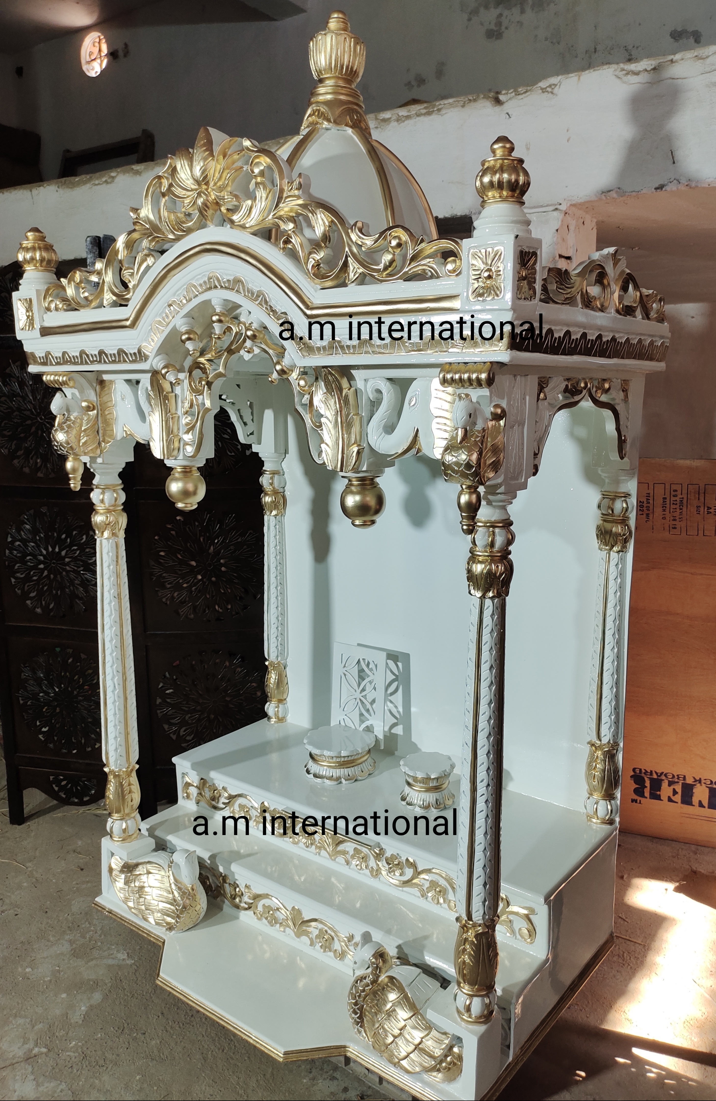 Wooden Carved Temple - Solid Wood Teak, Hand Painted White Deco Finish | Handmade Indian Style Artwork For Indoor Drawing Room