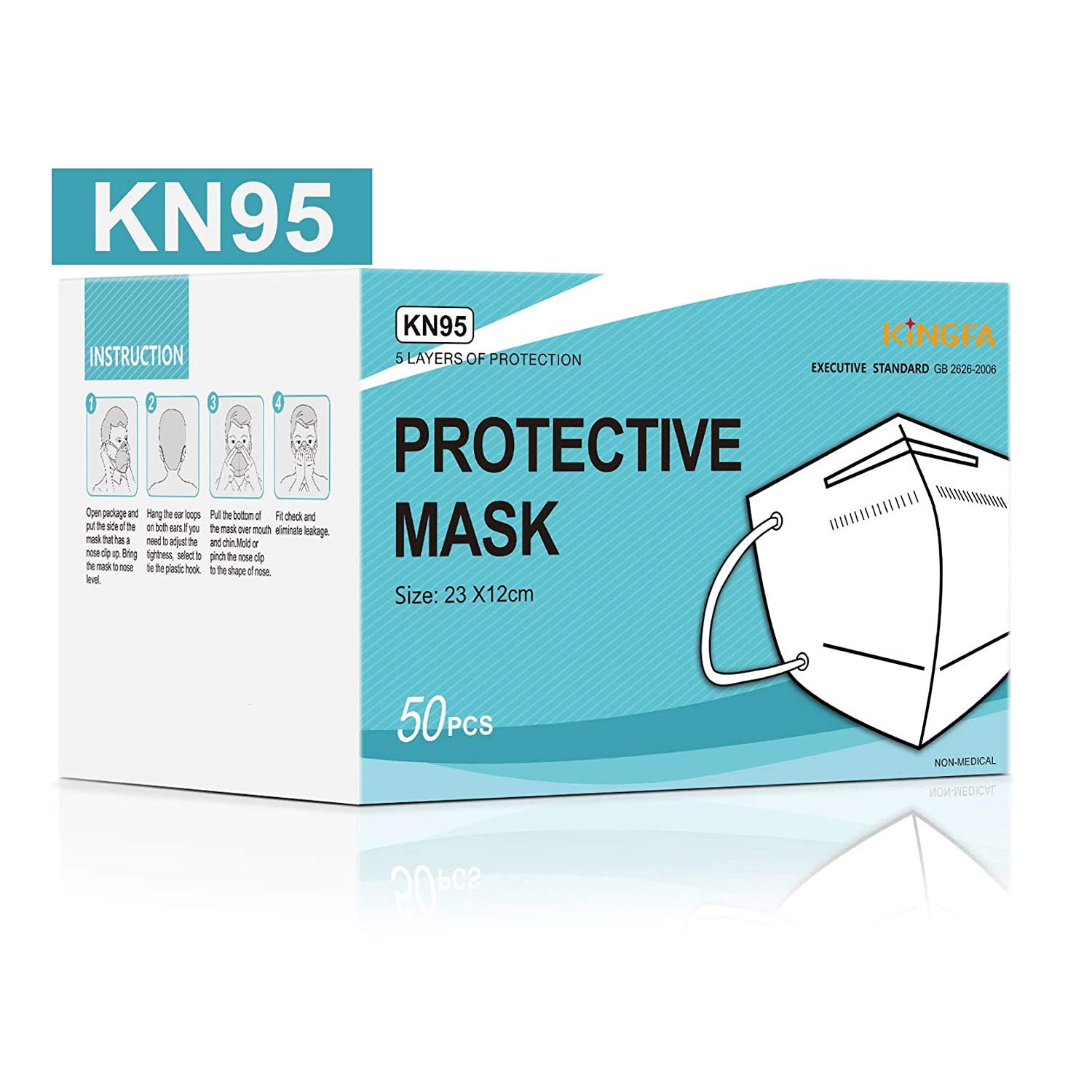Kingfa Kn95 Face Mask - 5-ply Non-woven White | Adjustable Nose Clip Disposable Ear Loop Design >95% Filtration Efficiency