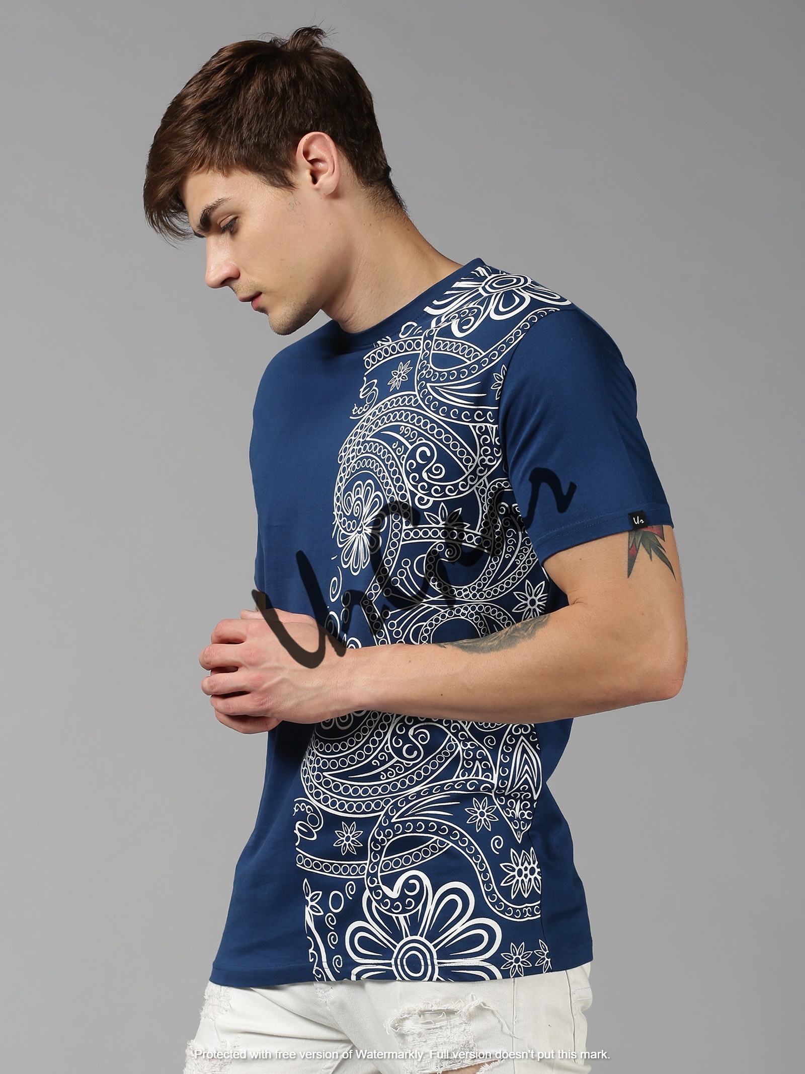 Men Round Neck T-shirt - 100% Combed Cotton, Available In S-xxl Sizes, Blue Color, Short Sleeve, Printed Pattern, Bio-washed Softness