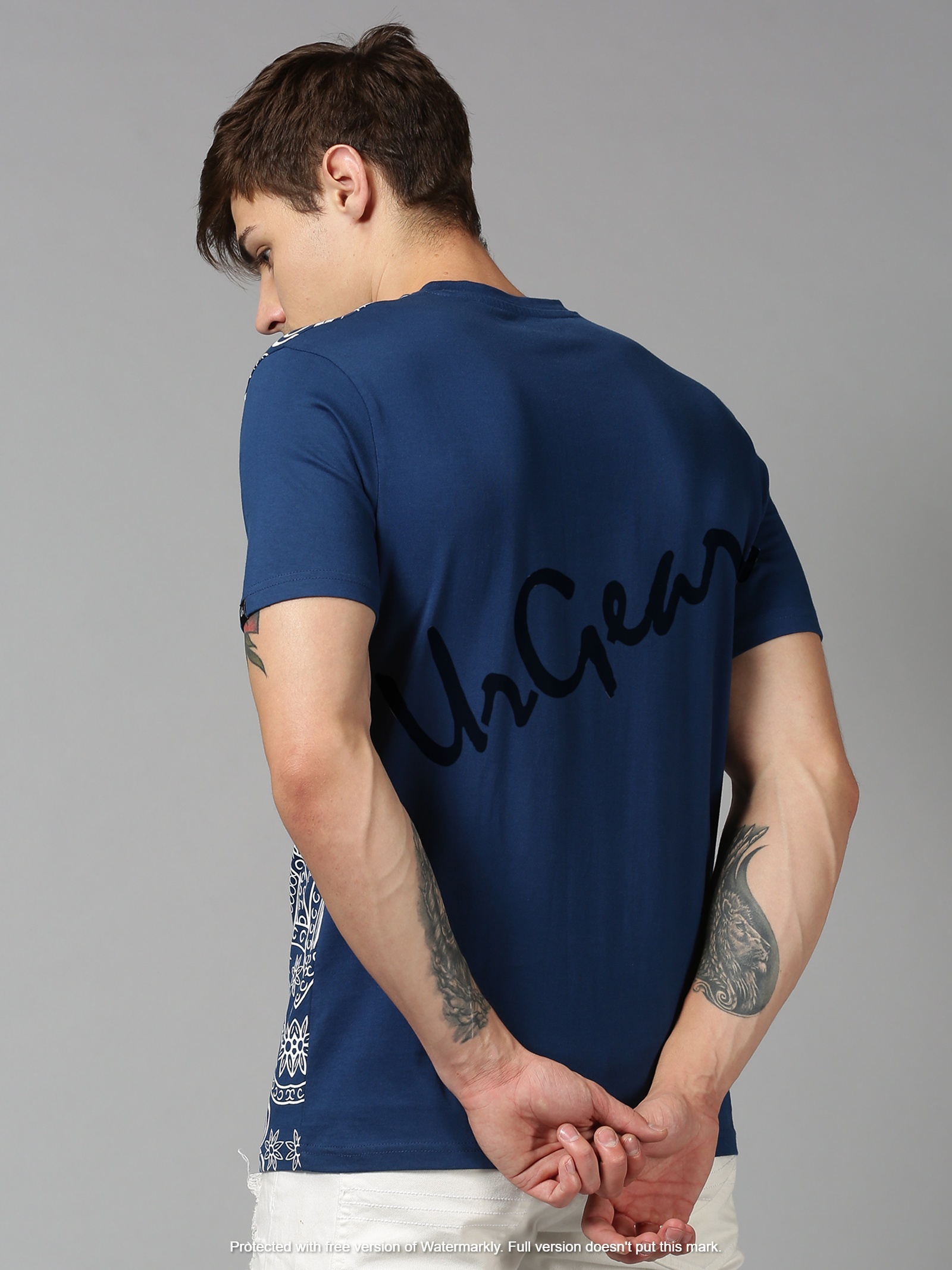 Men Round Neck T-shirt - 100% Combed Cotton, Available In S-xxl Sizes, Blue Color, Short Sleeve, Printed Pattern, Bio-washed Softness