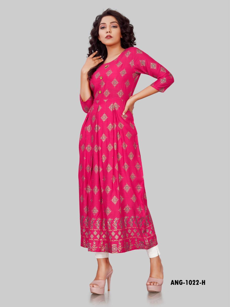 Ladies Fabfirki Kurti - Heavy 14kg Rayon, Size Set M To 5xl, Gold Print Design, Washable Fabric, Formal Style, Short Sleeve | Suitable For All Seasons