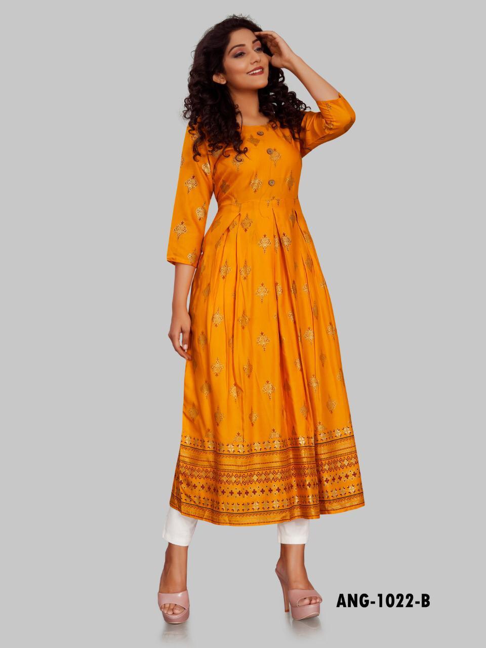 Ladies Fabfirki Kurti - Heavy 14kg Rayon, Size Set M To 5xl, Gold Print Design, Washable Fabric, Formal Style, Short Sleeve | Suitable For All Seasons