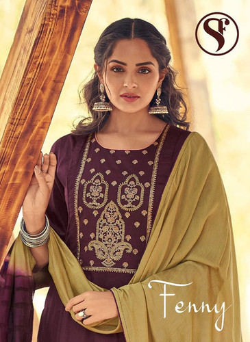 फैंसी एम्ब्रायडरी वर्क सूट कैटलॉग के साथ मल्टी कलर स्टफी फैशन फेनी जैम सैटिन