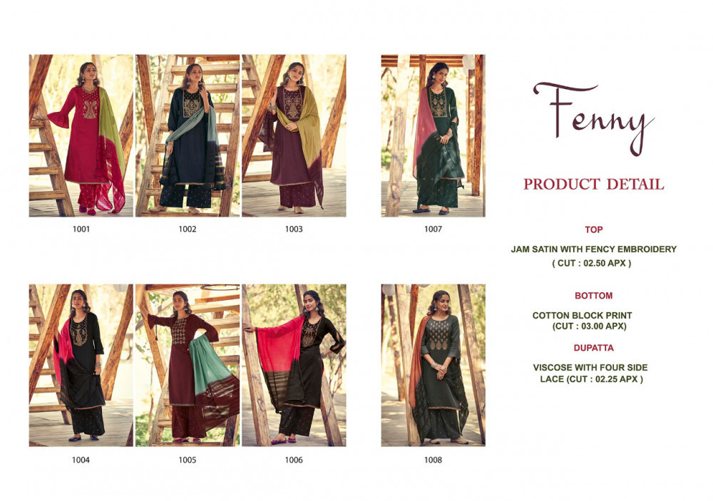 Multi Color Stuffy Fashion Fenny Jam Satin With Fancy Embroidery Work Suits Catalog