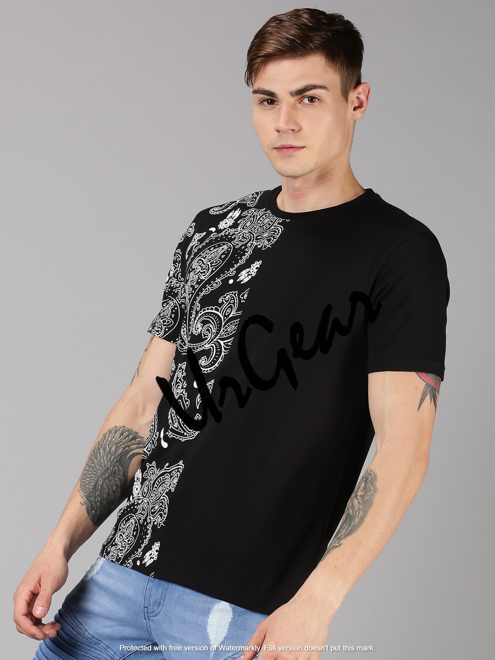 Men Round Neck T-shirt - 100% Combed Cotton, Size M-xxl | Black Color, Short Sleeves, Bio-washed Softness, Printed Pattern