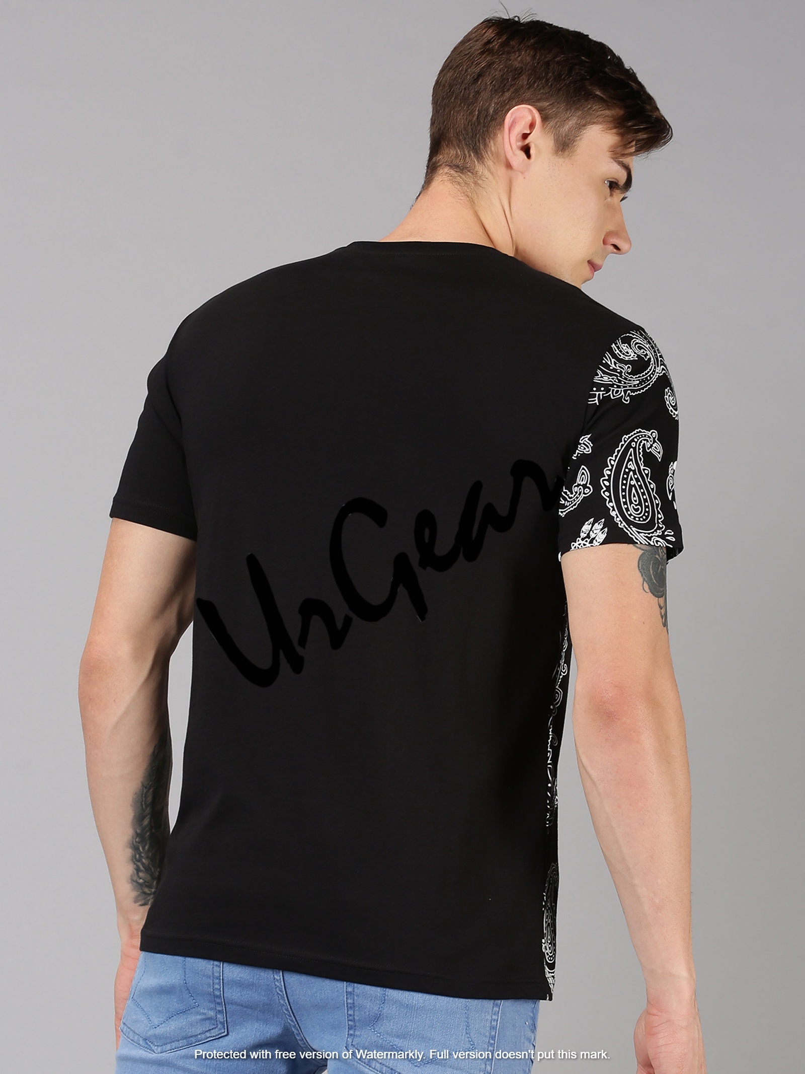 Men Round Neck T-shirt - 100% Combed Cotton, Size M-xxl | Black Color, Short Sleeves, Bio-washed Softness, Printed Pattern