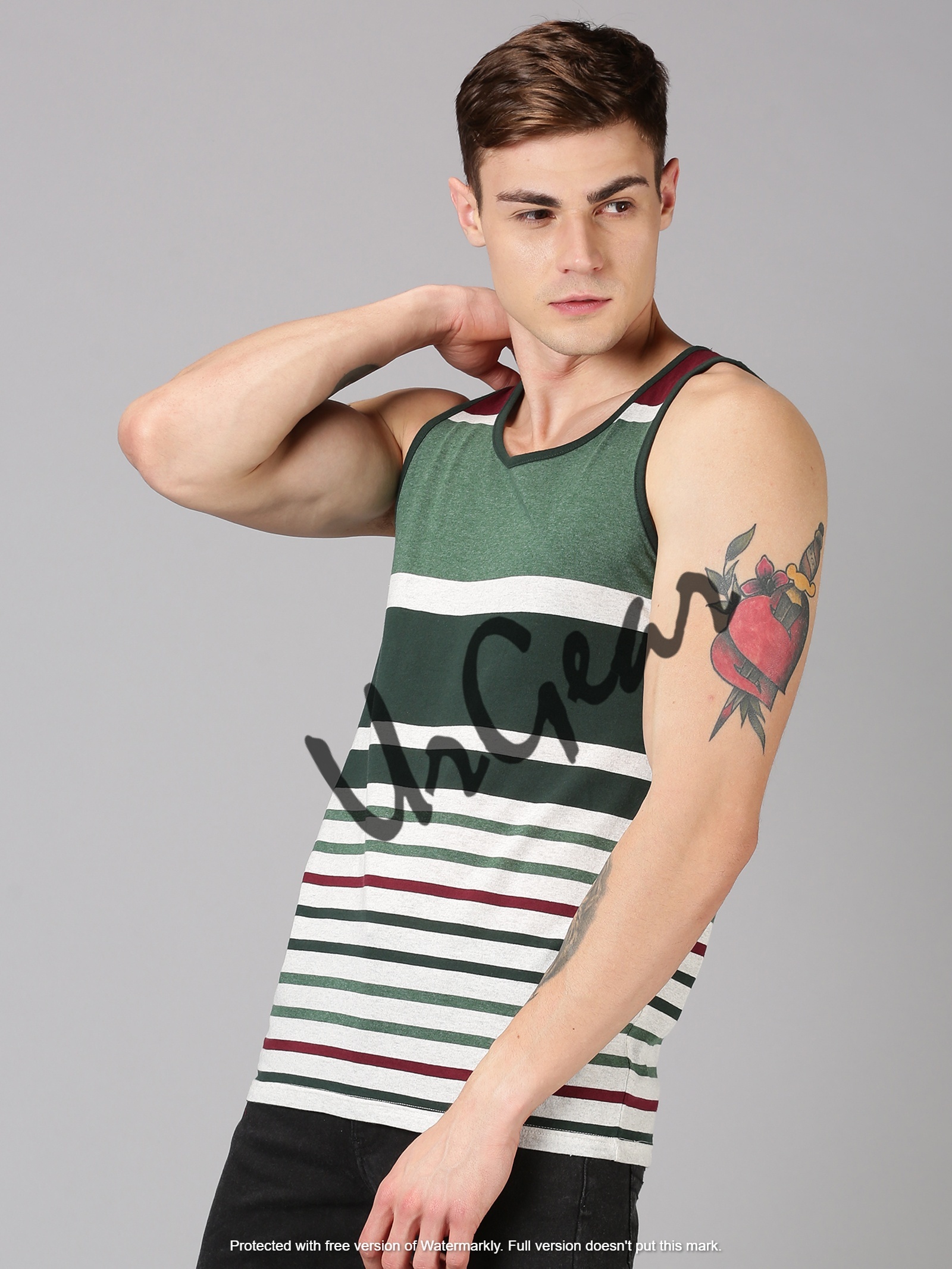Men Round Neck T-shirt - 100% Combed Cotton, Pre-shrunk Quality With Bio-washed Softness | Multicolor Striped, Sleeveless, Available In Sizes S-xxxl