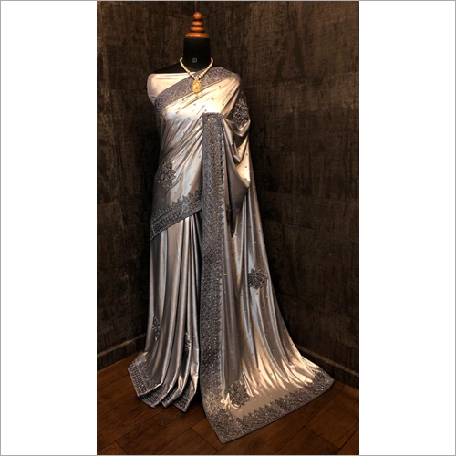 Party Wear Silver Heavy Lycra Saree