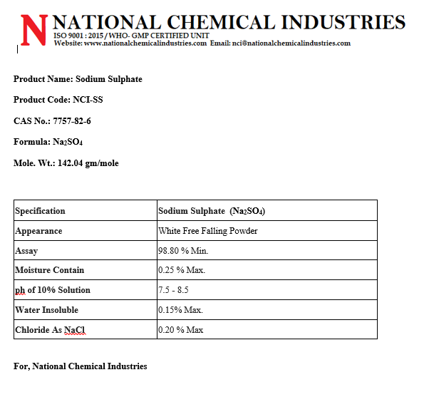 Sodium Sulphate - White Solid, Molecular Weight: 142.4 G/mole, Cas No.: 7757-82-6 | Applications: Food, Industrial, Textile Industry, Odorless, Non-flammable