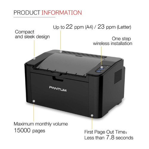 Pantum P2500w - Monochrome Wireless Laser Printer, 22ppm Print Speed | A4 Size, 1200 X 1200 Dpi Resolution, 15000 Pages Monthly Duty Cycle