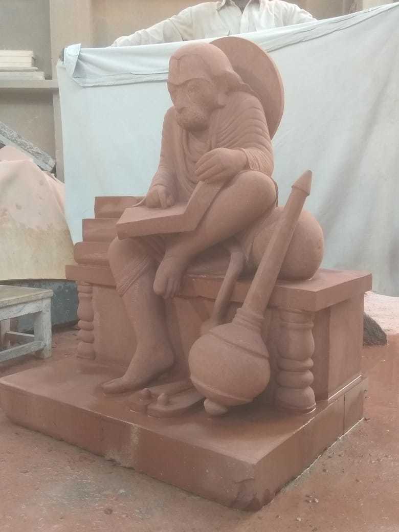 Red Marble Hanuman Statue - 2-3 Feet Size, Red Marble Material - Indian Religious Theme For Hinduism Practices