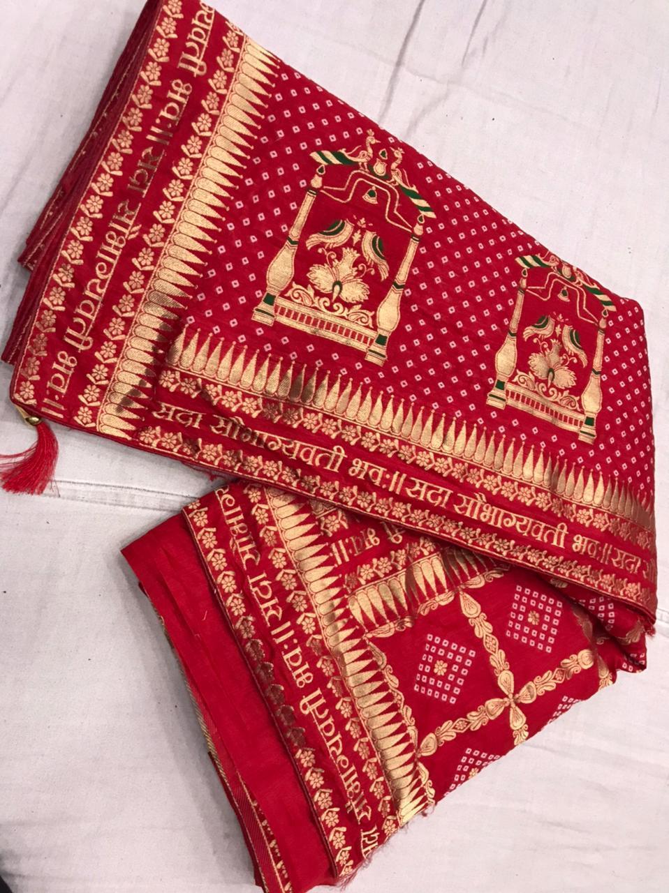 Pure Munga Silk Saree - Red Printed Bandhani Style With Zari Work | Traditional Occasion Wear For All Seasons