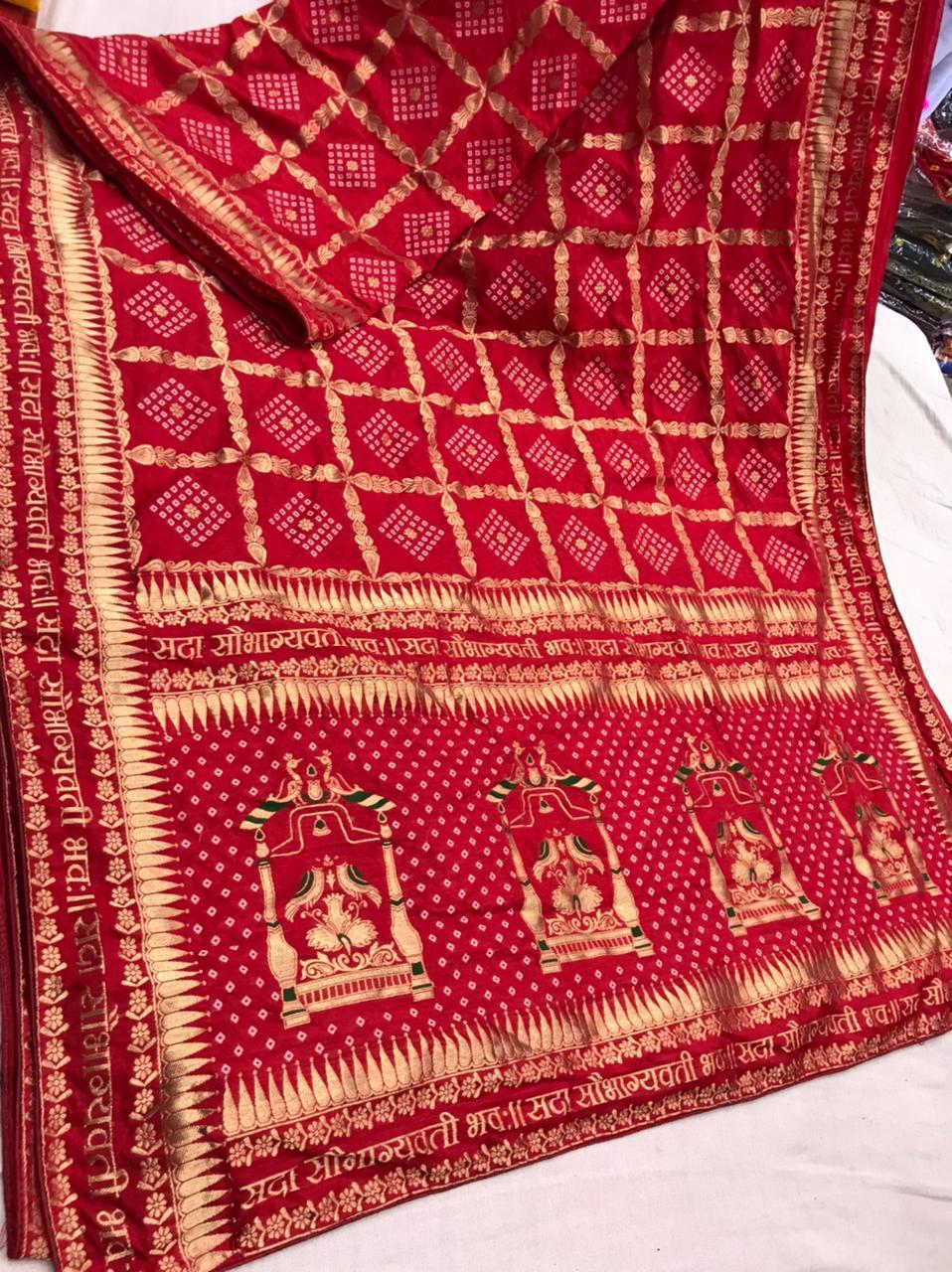 Pure Munga Silk Saree - Red Printed Bandhani Style With Zari Work | Traditional Occasion Wear For All Seasons