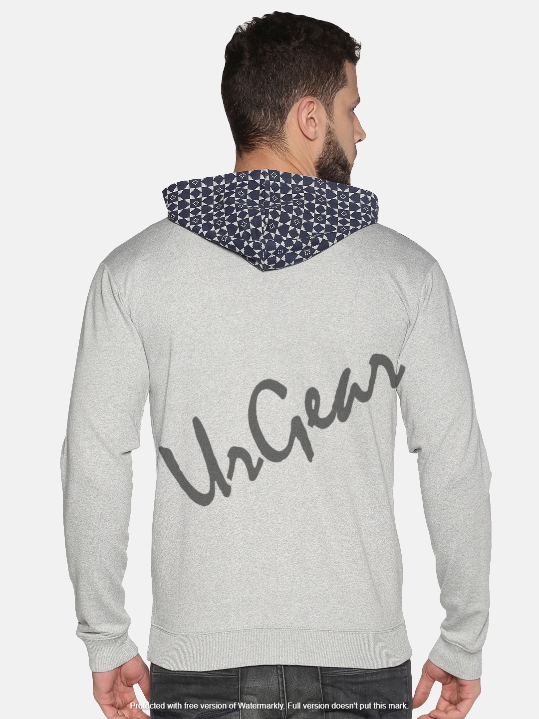 Mens Zipper Sweatshirt - Other Material, Large Size, Grey Color | Long Sleeves, Breathable, Washable, Printed Design