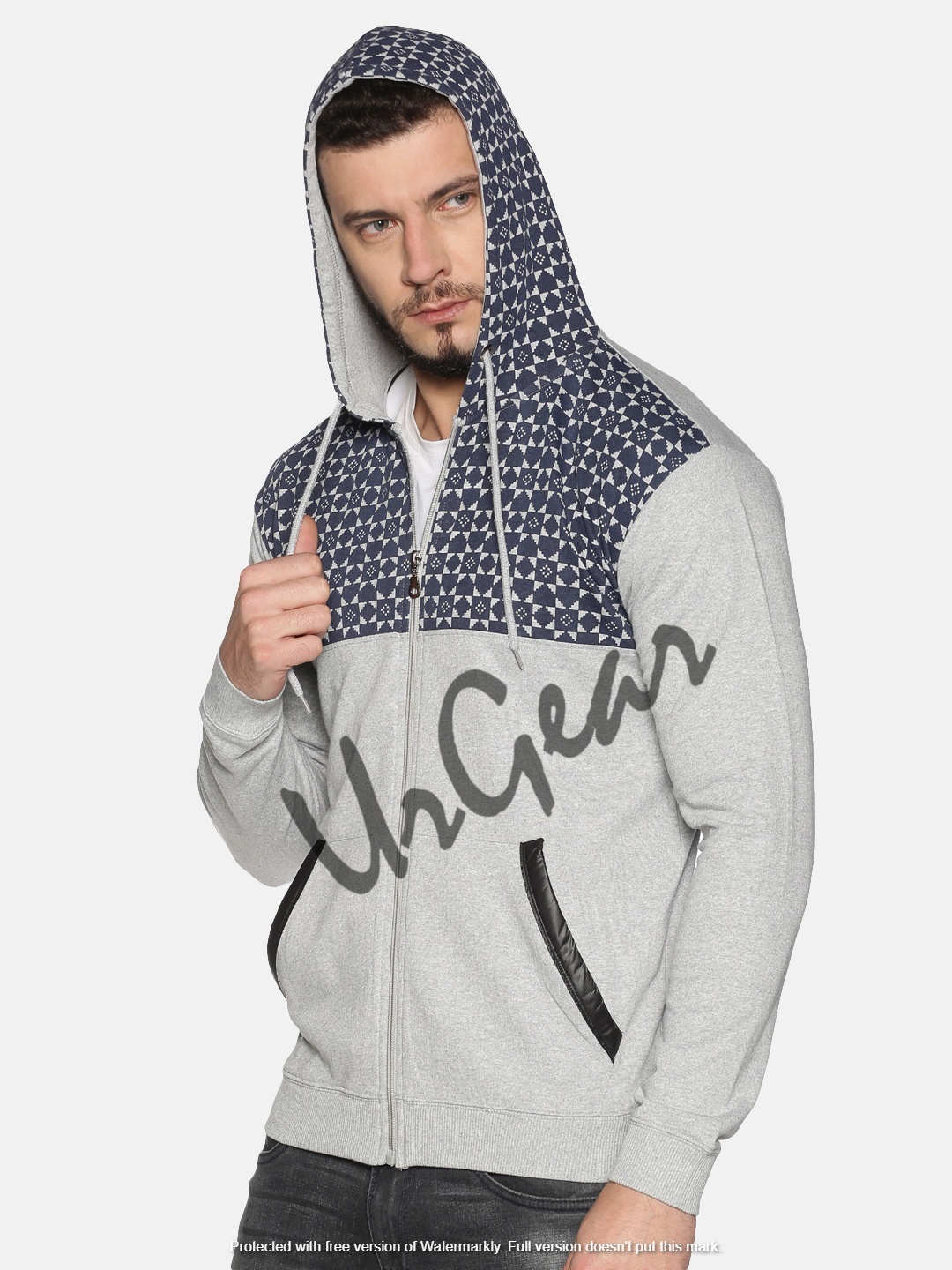 Mens Zipper Sweatshirt - Other Material, Large Size, Grey Color | Long Sleeves, Breathable, Washable, Printed Design