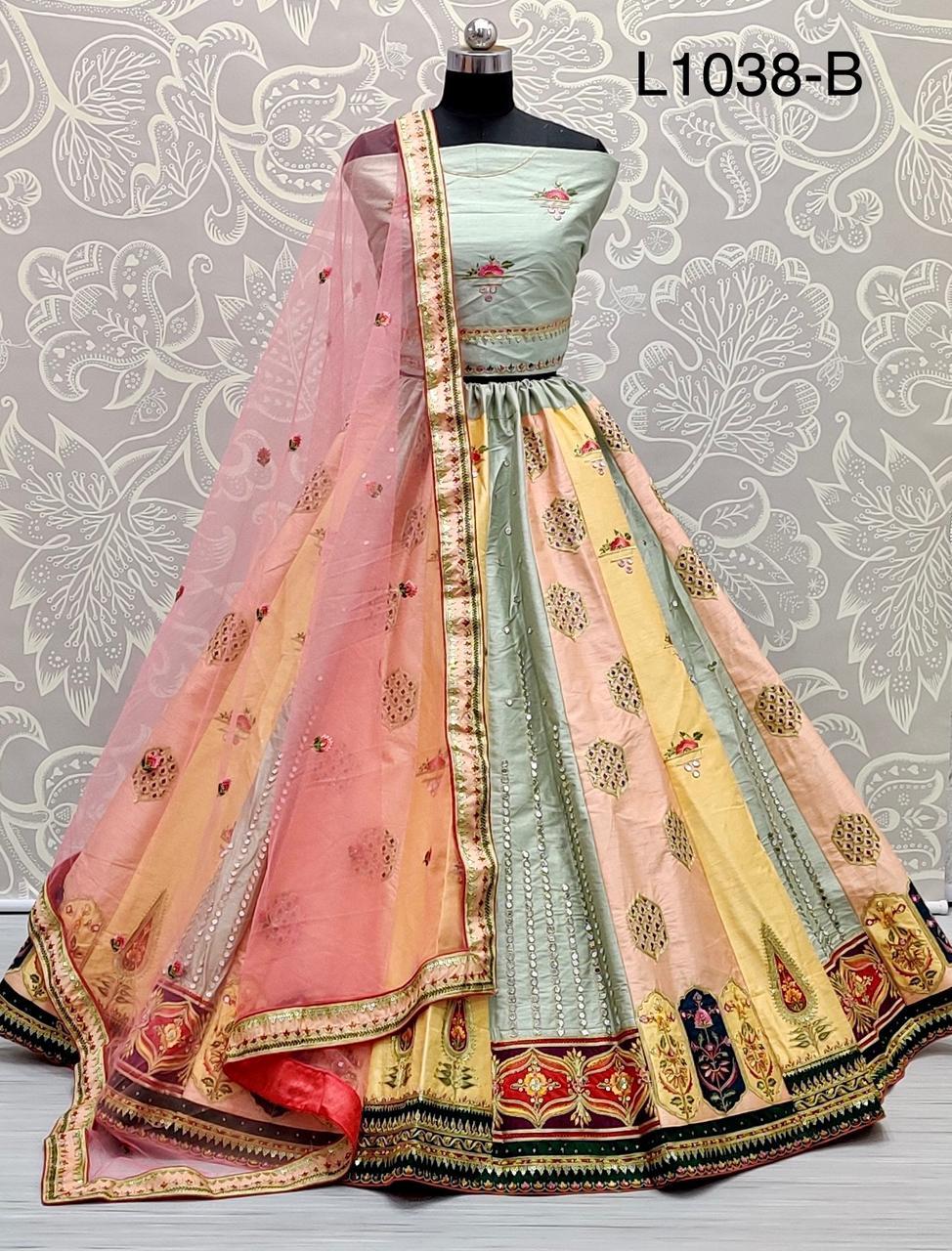 Silk Lehenga - Customized Size, Multi-colored Fancy Embroidery And Mirror Work | Trendy Designer Lahenga With Dry Clean Feature