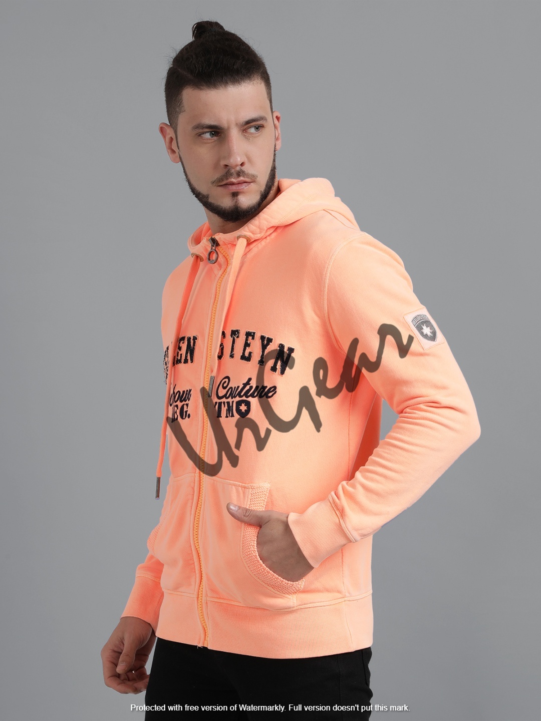 Men's Zipper Sweatshirt - 100% Combed Cotton Fleece, Orange | Breathable, Bio-washed, Long Sleeve, Embroidered
