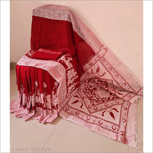 कैज़ुअल लेडीज़ रेड ट्रेडिशनल हैंड ब्लॉक प्रिंट कॉटन लिनन साड़ी